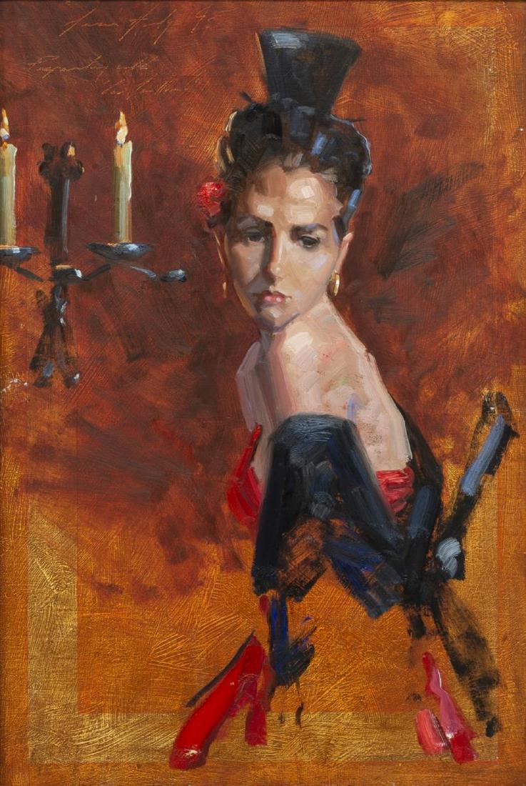 MARCUS HODGE (B.1966) 'LA SEVILLANA' OIL ON BOARD: Framed oil on board painting, "La Sevillana", signed Marcus Hodge (England, b.1966), and dated 1994 at upper left corner, original retail tag located verso with title, George Attal Arts, sight: approx