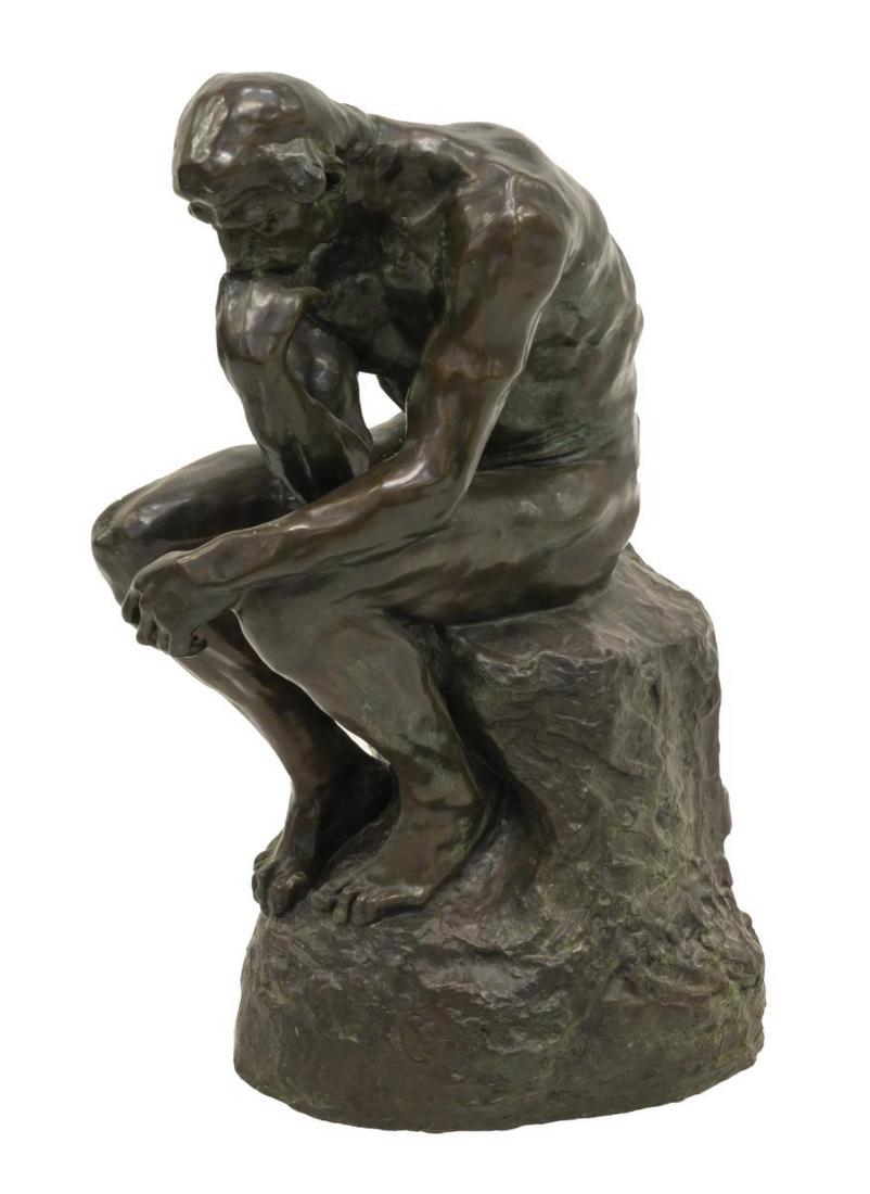 PENSEUR BRONZE AFTER AUGUSTE RODIN, BARBEDIENNE: Patinated cast bronze figure, "Le Penseur" (The Thinker), signed in cast A. Rodin, after Francois Auguste Rene Rodin (France, 1840-1917), depicting seated man in contemplative pose, on naturalistic ro
