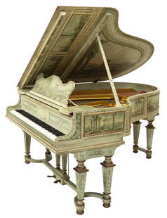 STEINWAY & SONS CUSTOM ART CASE MODEL O PIANO: Steinway & Sons Hamburg Grand Model O piano, c.1929-1930, in custom painted Louis XVI style rosewood art case, tonal painted reserves of classical architectural ruins, bordered by trailing garlands an