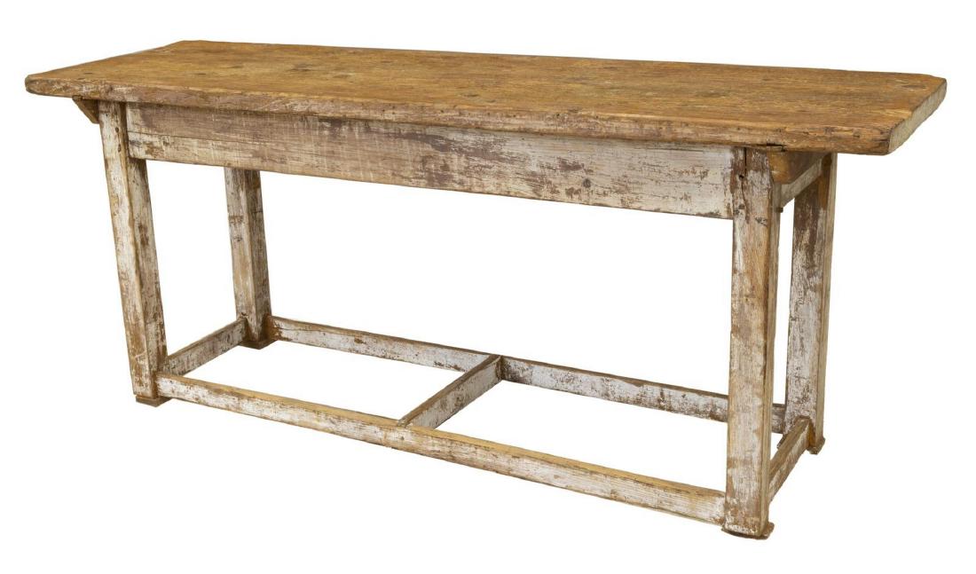 LARGE SPAIN RUSTIC PAINTED CRAFTSMAN WORK TABLE: Large painted workman's table, Spain, early 20th c, having a rectangular two board plank top, painted white throughout with weathered finish, rising on square legs joined by box stretcher, approx 33"h