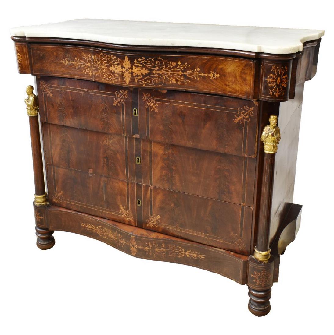 SPANISH EMPIRE STYLE MARBLE-TOP MARQUETRY COMMODE: Spanish Fernandino/ Empire style marquetry commode, mid 19th c., the marble top over five drawers, the upper drawer with bow front, the lower door appearing as trim, flanking columns at each side topp