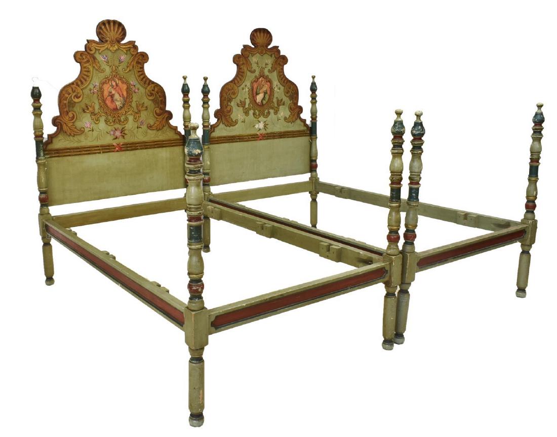 (2) SPANISH PARCEL GILT MADONNA & CHILD BEDS: (lot of 2) Spanish parcel gilt and painted beds, 20th c., headboard with shell crest, over painted reserve of the Madonna and child, framed by polychrome floral sprays and birds, turned corner posts, 