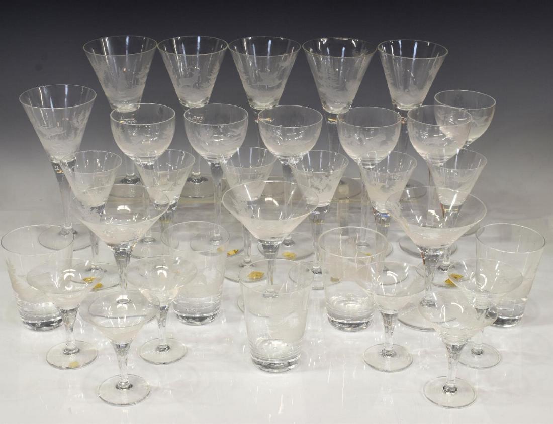 (32) GERMAN JOSEPHINENHUTTE WILDLIFE STEMWARE: (lot of 32) German Josephinenhutte crystal stemware, 20th c., with etched various wildlife and game birds, including moose, wolf, and fowl, comprising: (6) sherry glasses, (6) port glasses, (3) cockta