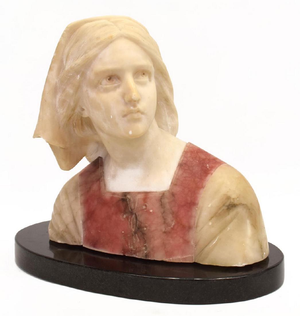 GIUSEPPE BESSI (D.1922) ALABASTER JOAN OF ARC BUST: Italian carved multi-color alabaster bust, Jeanne D'Arc, signed Prof Besji (Professor Giuseppe Bessi (Besji), Italy, 1857-1922), on an oval marble base, on base: approx 12.25"h, 14"l, 8"w, 30.8lbs Sta