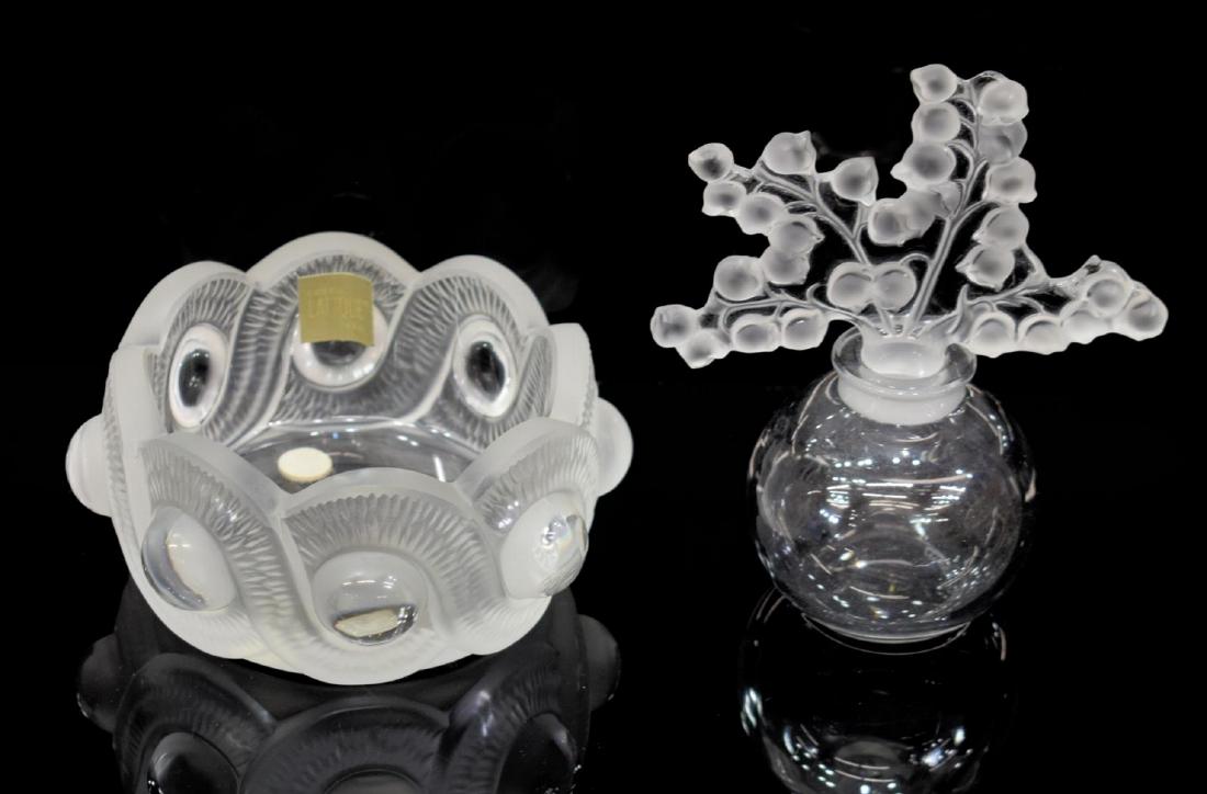 (2) LALIQUE CLAIREFONTIANE PERFUME & GAO BOWL: (lot of 2) Lalique art crystal table items: (1) Lalique, France "Clairefontaine" art crystal perfume bottle, frosted floral stopper, originally designed by Rene Lalique (France, 1860-1945), stopper to
