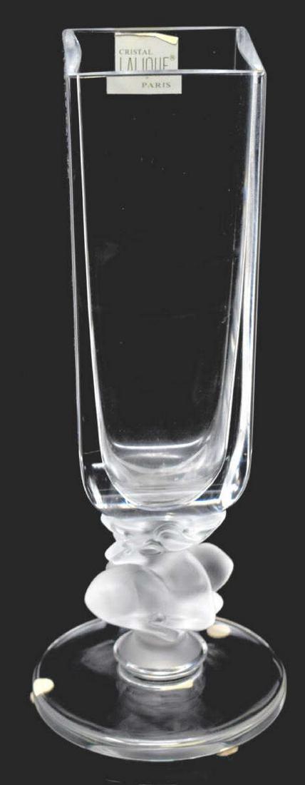 MARC LALIQUE 'CERF' DEER ART CRYSTAL FLOWER VASE: Lalique, France "Cerf" art crystal vase,designed by Marc Lalique (France, 1900-1977), rectangular cut body with tapering sides, the stem as two frosted reclining deer, raised on circular foot, engrave