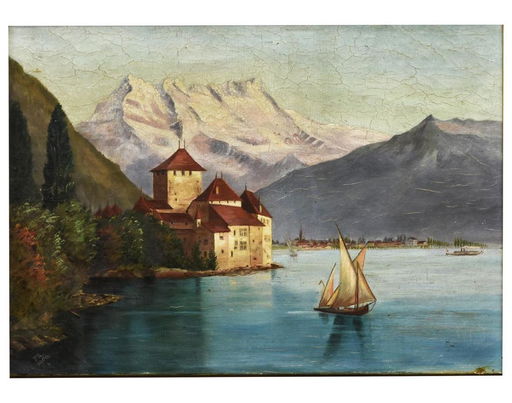 Chillon Castle Lake Geneva Alps Oil Painting May 18 2019