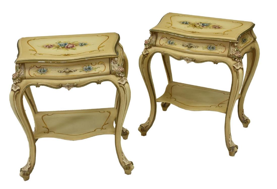 (PR) ITALIAN LOUIS XV STYLE PAINTED NIGHTSTANDS: (pair) Italian Louis XV style bedside cabinets, 20th c., painted with floral sprays throughout, single drawer above shelf, floral and rocaille carving, rising on cabriole legs, approx 23.25"h, 8"w, 12