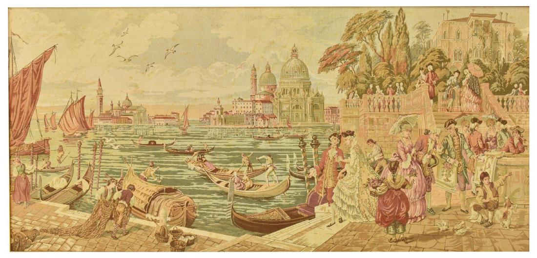 LARGE FRAMED ROCOCO STYLE MACHINE-WOVEN TAPESTRY: Framed Rococo style machine-woven tapestry, Venetian scene with figures, sight: approx 39.5"h, 78.5"w, overall: approx 46.25"h, 85"w Start Price: $150.00