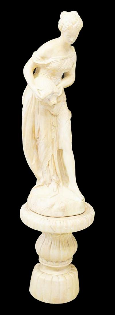 FRENCH MARBELEIZED CAST FEMALE FIGURE STATUE: French cast plaster statue, 20th c., in a painted faux marble finish, portraying woman leaning to pour from jug, resting on round pedestal base, approx 49.5"h, 12"diam Start Price: $80.00