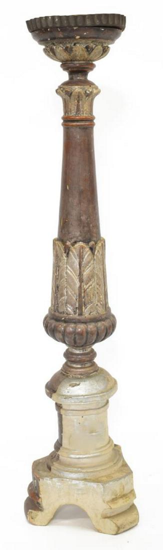ITALIAN PAINTED SILVER GILT ALTAR PRICKET: Italian painted silver gilt altar pricket, 19th c., having single socket to top, resting upon ridged metal bobeche, rising on turned gilt and silver gilt standard, with polychrome paint, foliate carve