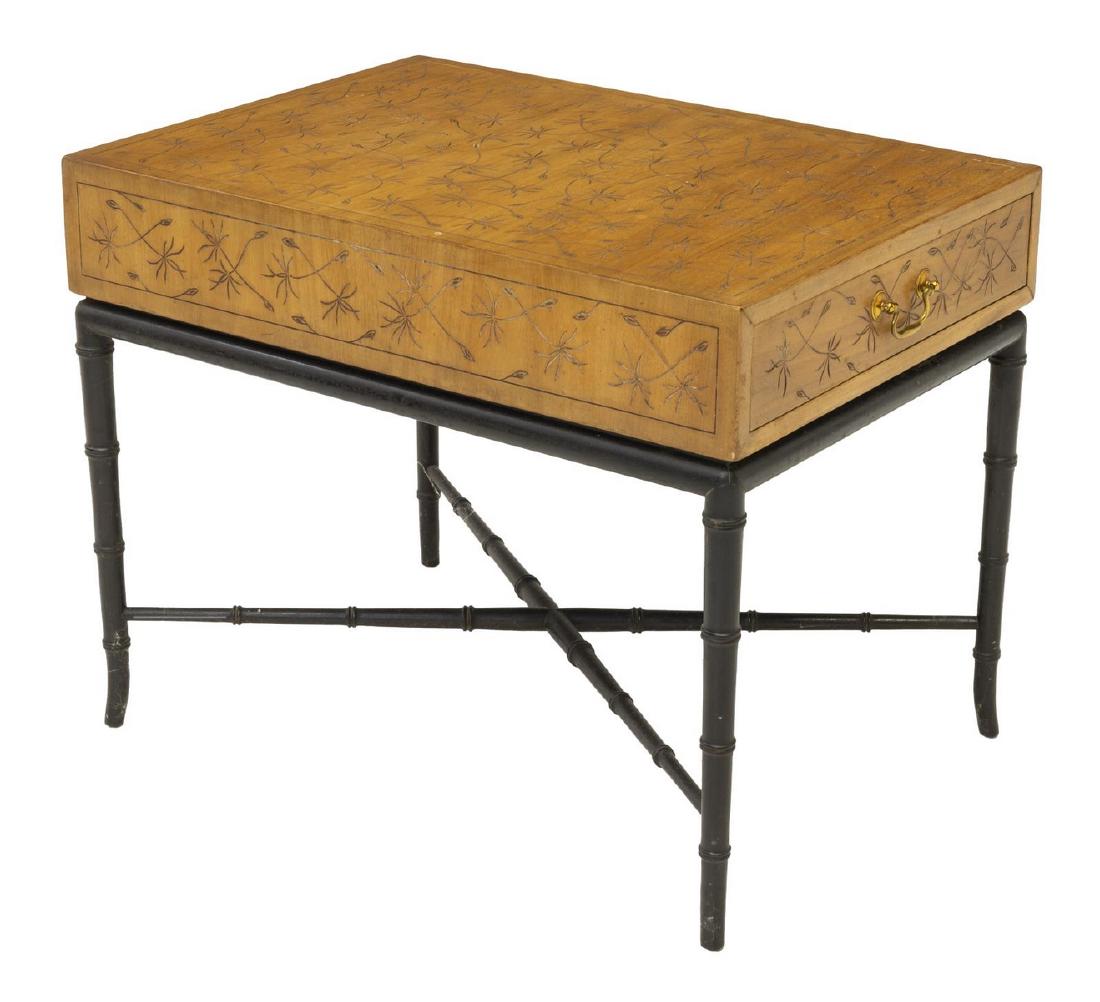 KITTINGER FOLIATE INCISED SIDE TABLE: American side table, Kittinger Furniture, Buffalo, New York, having foliate incised rectangular tabletop, drawer at one end, rising on stretcher joined ebonized bamboo turned legs, maker's mark to dra