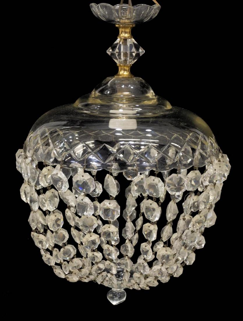 ITALIAN CRYSTAL SINGLE-LIGHT CEILING LAMP: Italian crystal ceiling lamp, 20th c., having crystal domed canopy, surrounding single light, hung with prisms, forming a drop dome with central drop finial, in need of wiring, approx 17.5"h, 11.75"di