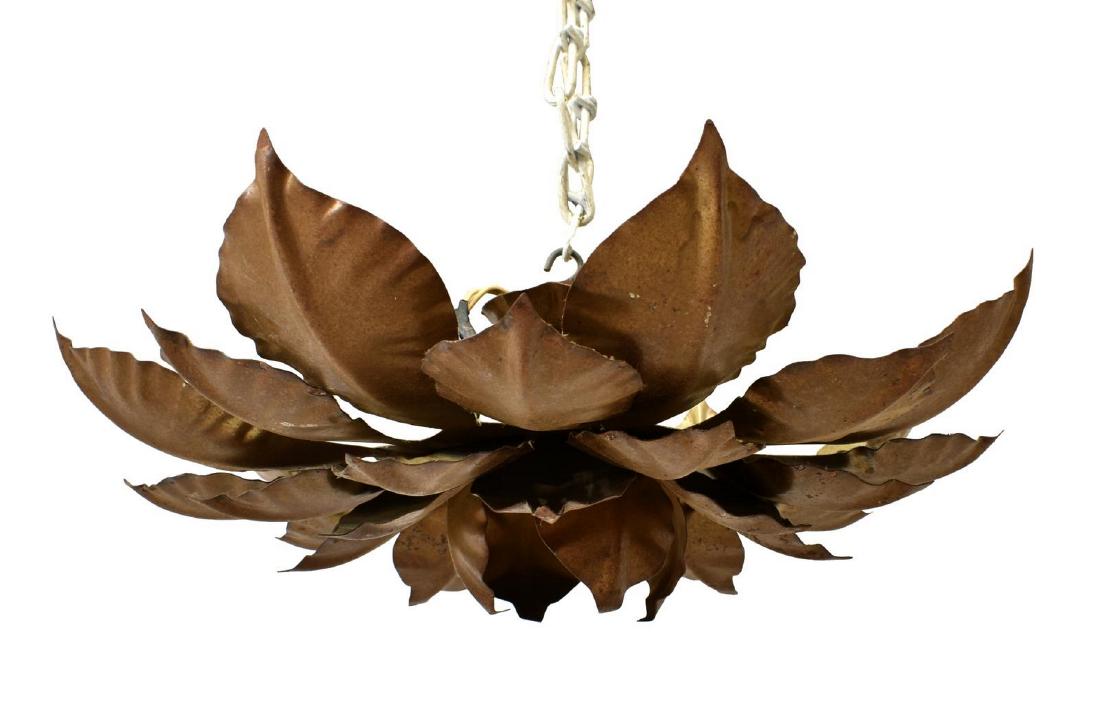 ITALIAN GILT METAL FOLIATE 1-LIGHT CEILING LAMP: Italian gilt metal single-light ceiling lamp, 20th c., having center hanging light surrounded by gilt metal leaves layered to form a shade, in need of wiring, approx 6.25"h, 15.5"diam Start Price: $50