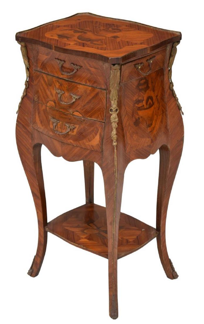 ITALIAN LOUIS XV STYLE FLORAL MARQUETRY NIGHTSTAND: Italian Louis XV style nightstand, 20th c., in matched veneers, with contrasting floral marquetry, front fitted with two drawers and faux drawer front, additional drawer at right side, rising on Frenc