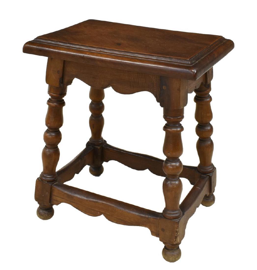 SPANISH CARVED WALNUT BENCH, 19TH C.: Spain, carved walnut bench, 19th c, rectangular top above four turned legs, joined by box stretcher rising on ball feet, approx 19"h, 17"w, 12"d Start Price: 80.00