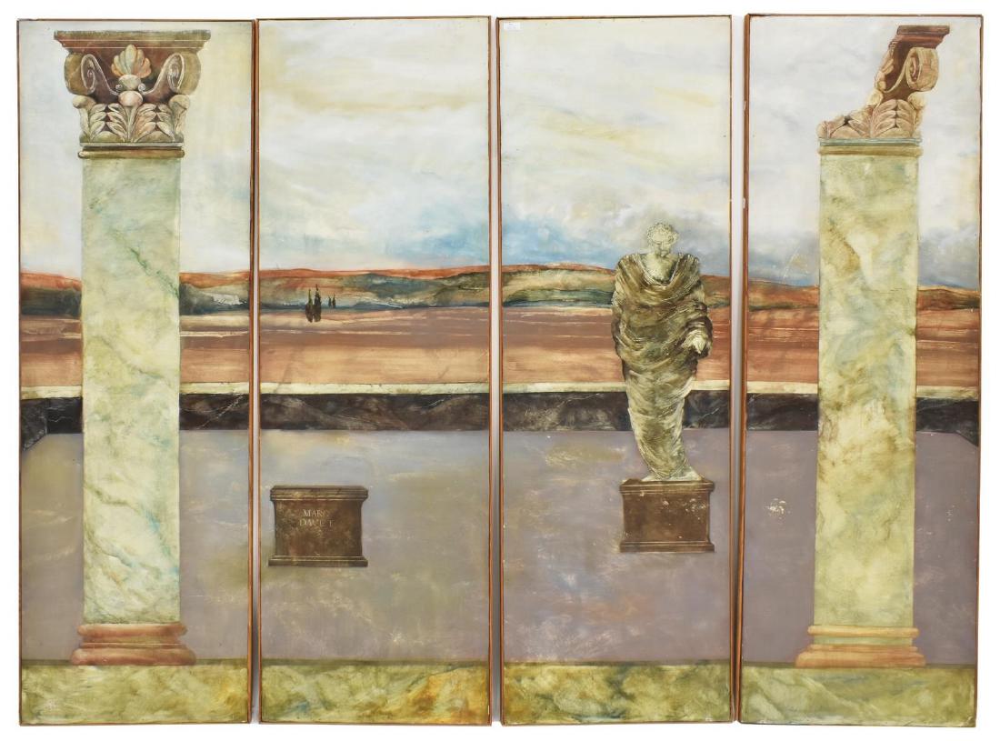 MARC DAVET (B1951) NEOCLASSICAL POLYPTYCH PAINTING: Oil on panel quadriptych painting (in four parts), depicting a neoclassical statue flanked by ionic columns, center right panel signed Marc Davet (France, b.1951), each panel: approx 63.5"h, 20.25"w;