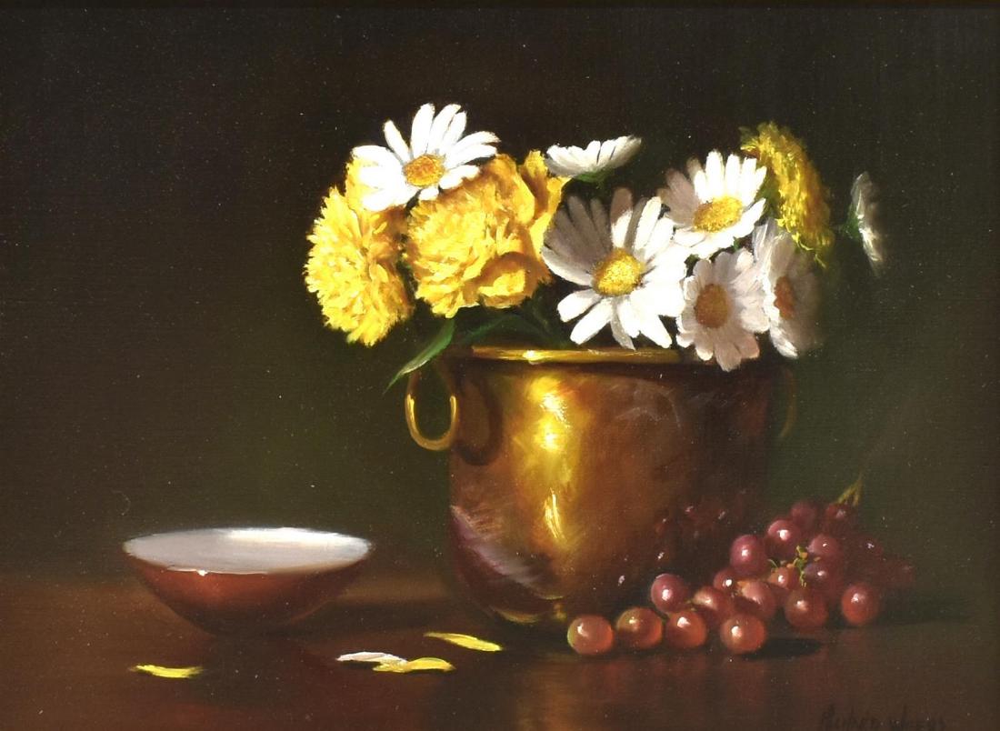 RICHARD WEERS STILL LIFE PAINTING DAISIES & MUMS: Framed oil on linen canvas painting, "Daisies and Mums," signed lower right Richard Weers (Texas, 20th/ 21st c.), label verso with title, sight: approx 11.25"h, 15.25"w, overall: approx 21.5"h, 25.5"w