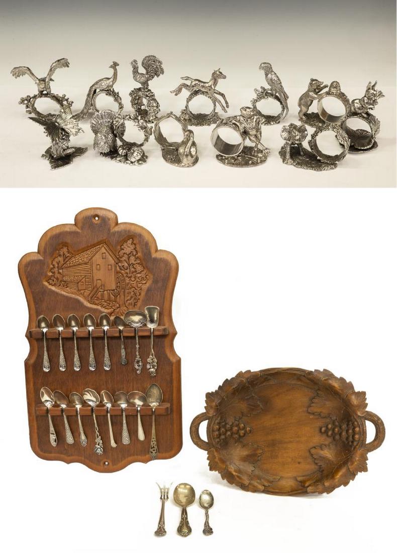 (LOT) REED & BARTON SILVERPLATE NAPKIN RINGS: (lot) Collection of decorative tableware, including: (12) Reed & Barton "1824 Collection" silverplate napkin rings, various animal designs including turkey, elephant, peacock, rooster, etc., accompani