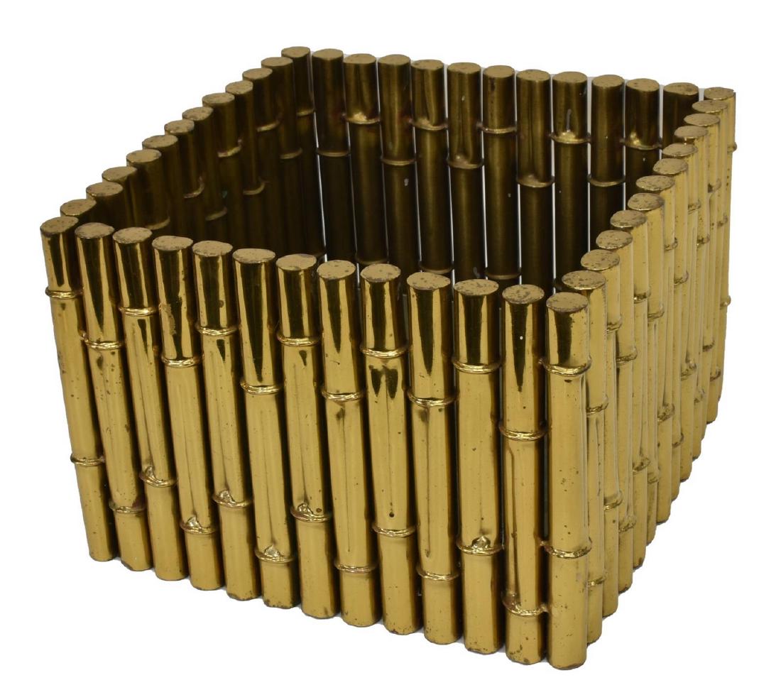LARGE FRENCH BRASS BAMBOO SQUARE PLANTER: French brass planter, 20thc, large square opening with applied faux bamboo branches affixed throughout the perimeter, removable metal tray located in the interior, approx 8"h, 11.37"w, 11.37"d, 7.10lb