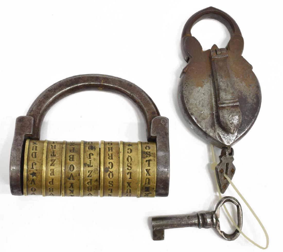 (2) SCARCE ANTIQUE WORD WHEEL COMBO LOCK: (lot of 2) Antique locks: (1) seven wheel word combination lock, brass lettered wheels with iron frame, comes with combination, stamped '10' at one side, 3"h, 3.75"w, 1.5"d; (1) iron key lock with key