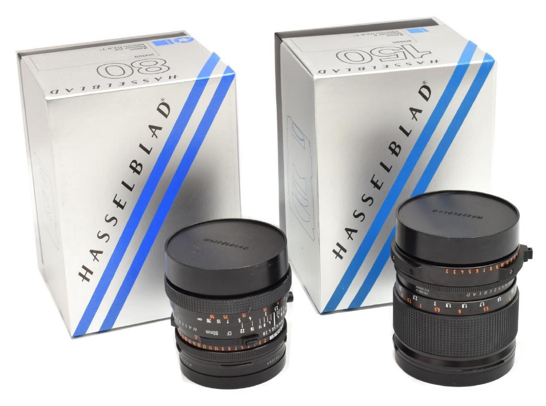 (2) VINTAGE HASSELBLAD CAMERA ZEISS LENSES: (lot of 2) Vintage Hasselblad camera lens, including: (1) Zeiss Planar CF, 80mm f/2.8 T, 20029, (1) Zeiss Sonnar F, 150mm f/2.8 T, 20435; in original retail packing, operational status unknown, 4lbs t