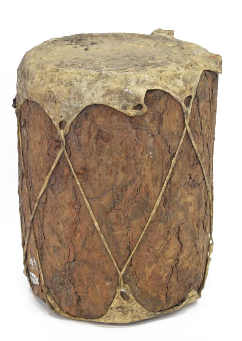NORTH CAROLINA NATIVE AMERICAN CHEROKEE DRUM: Native American drum, likely Cherokee, North Carolina, wooden frame, with stretched animal hide, sinew thongs, approx 14"h, 34"diam, 7.8lbs Start Price: $50.00