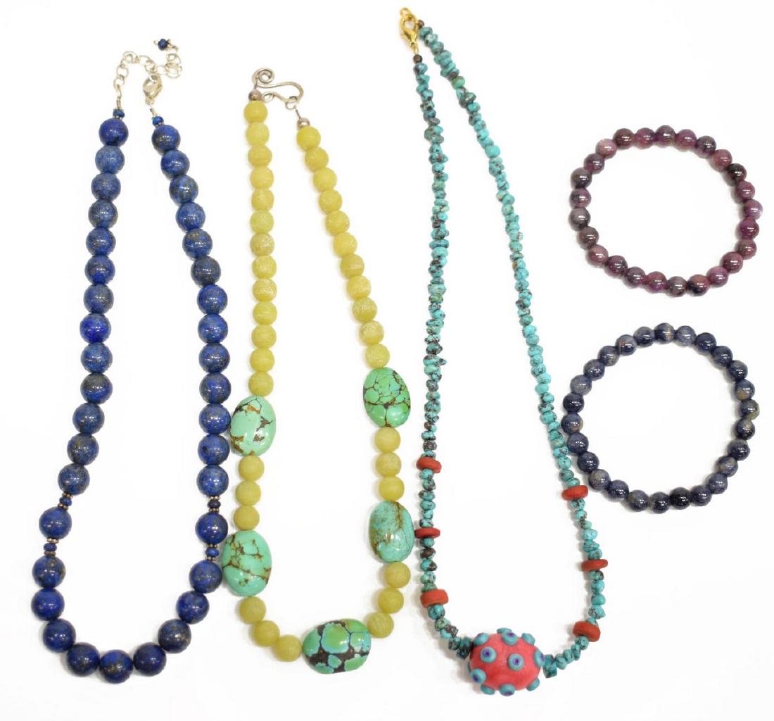 (5) COLLECTION OF BEADED NECKLACES & BRACELETS: (lot of 5) Beaded jewelry, including: (1) turquoise beaded necklace, with clay center pendant and red spacer beads, gold-tone lobster clasp, approx 19.5"l, (1) lapis lazuli beaded necklace, with sterl