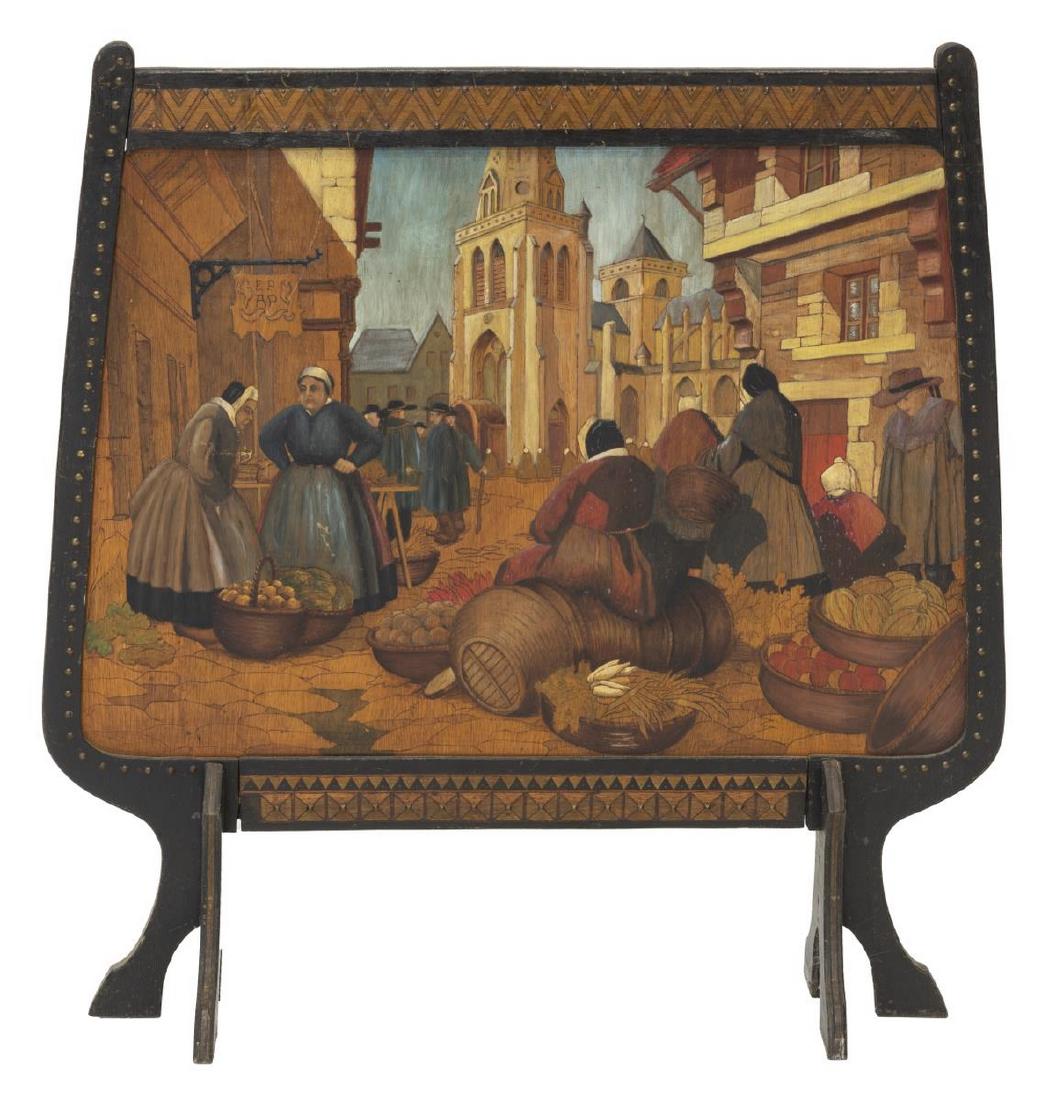 FRENCH BRETON SCENIC TWO-SIDED PAINTED FIRESCREEN: French Breton painted fire screen, two sided, frame with repeated geometric pattern, painted central reserve with figural port scene, signed [..] Seguin, reverse with market scene, seated in trestle s