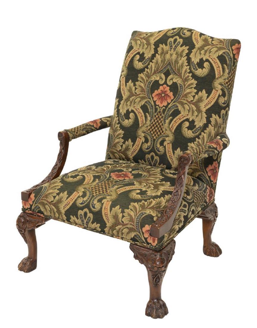 HENREDON CHIPPENDALE STYLE MAHOGANY ARMCHAIR: Chippendale style mahogany armchair, late 20th c., Henredon, North Carolina, from the Historic Natchez Collection, the body carved throughout, having open sides, upholstery with floral and foliate mot