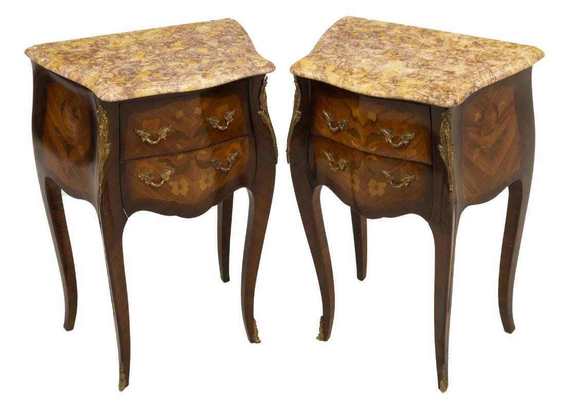 (2) FRENCH LOUIS XV STYLE MARBLE-TOP NIGHTSTANDS: (lot of 2) French Louis XV style bedside cabinets, 20th c, having shaped marble top with thick molded edge, over walnut case accented with floral marquetry to drawers and sides, fitted with two drawer