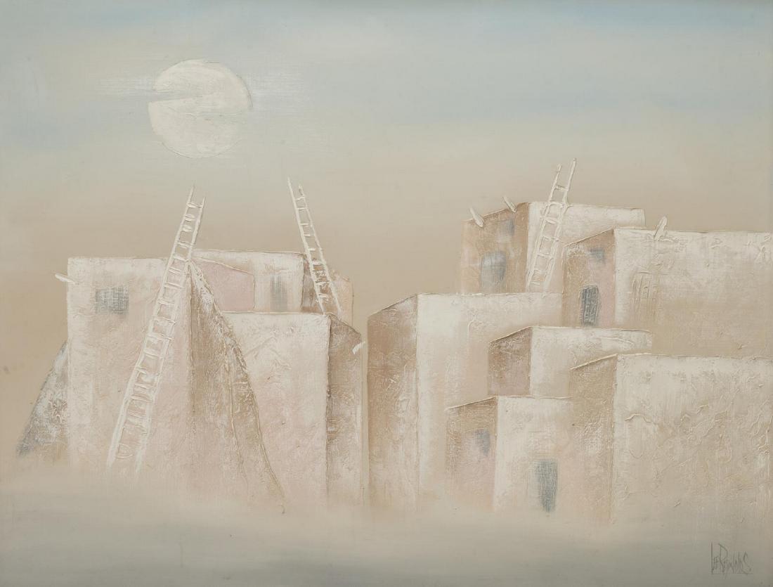 DECORATIVE LARGE VANGUARD STUDIO PAINTING, PUEBLO: Decorative framed oil on canvas painting, Southwestern Pueblo Landscape, signed lower right Lee Reynolds (Vanguard Studio), sight: approx. 47.5"h, 59.5"w, overall: approx. 49"h, 61"w, 11.5lbs Start Pr