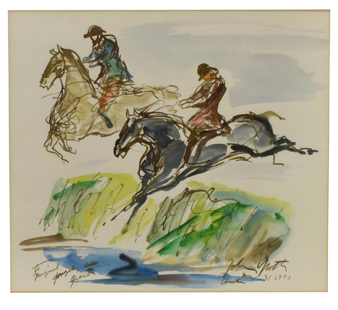 JOHN GROTH (D.1988) RIDERS ON HORSEBACK WATERCOLOR: Framed watercolor painting on paper, Riders on Horseback, signed John Groth (New York, Illinois, 1908-1988), and dated 197- lower right, with inscription lower left, sight: approx 12.5"h, 14.25"w, ove