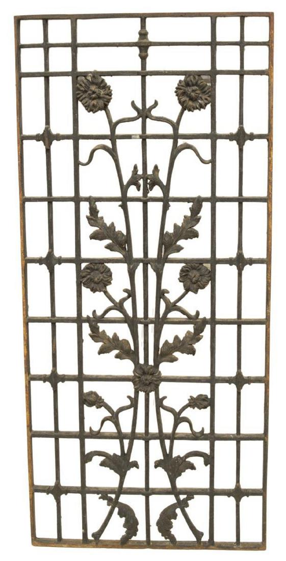 FRENCH CAST IRON ARCHITECTURAL GRATE PANEL: French cast iron architectural grate panel, early 20th c., rectangular form, with vining floral motif, approx 39.25"h, 17.5"w, 32.5lbs Start Price: $80.00