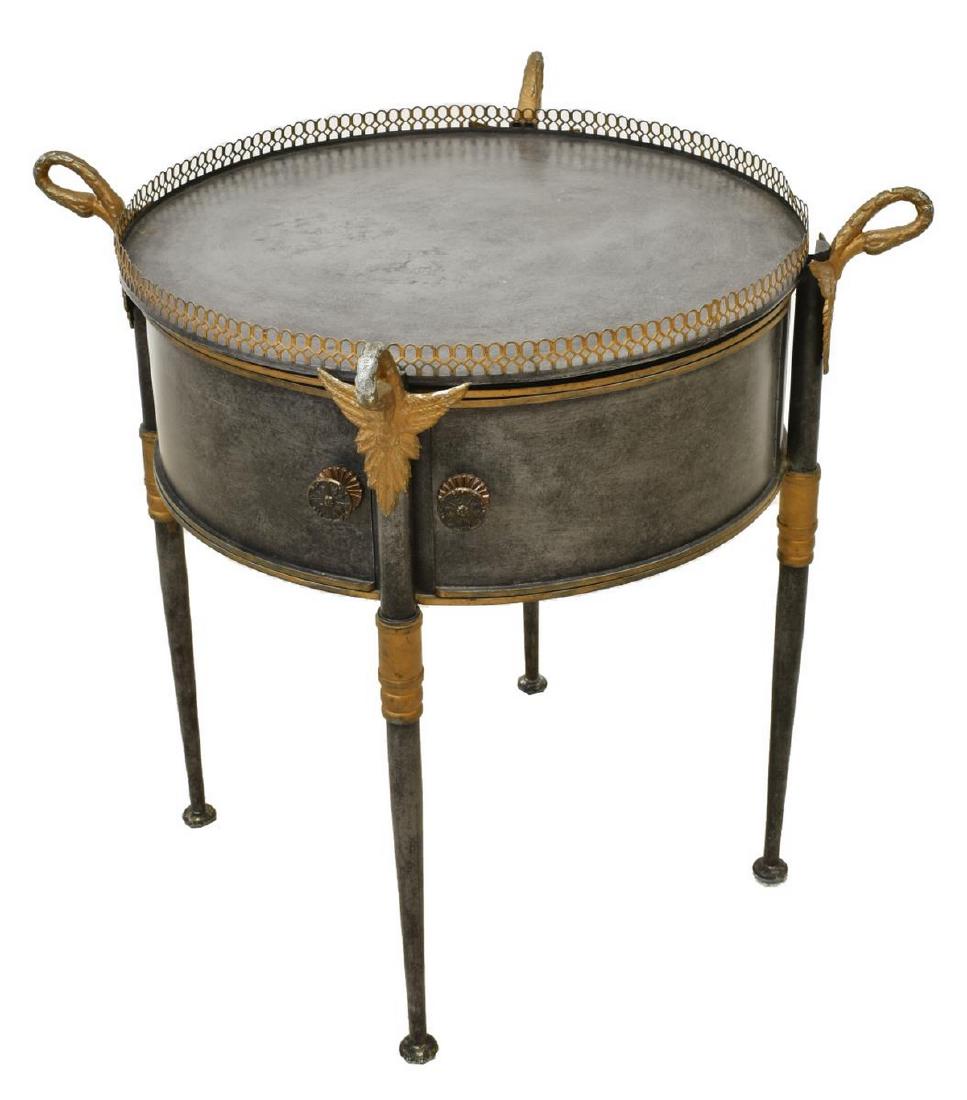 EMPIRE STYLE TROUVAILLES (ATTRIB.) DRUM SIDE TABLE: Empire style side table, attributed to Trouvailles Inc., unmarked, 20thc., parcel gilt steel, having removable tray top with pierced gallery, drum-form case fitted with two doors, open interior, risin