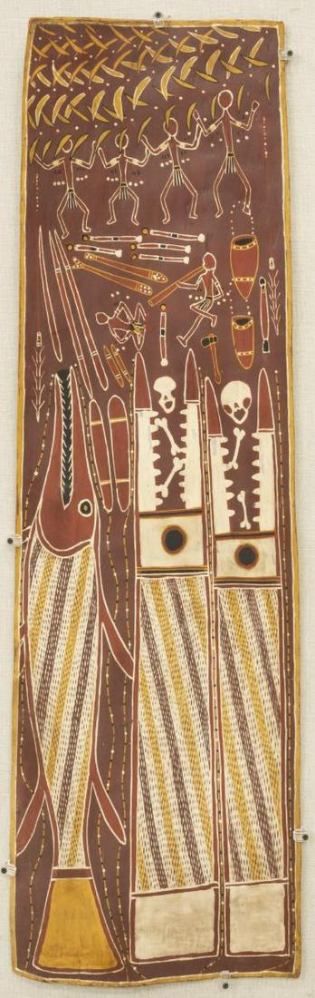 JACK WUNUWUN (1930-1990) ABORIGINAL BARK ART, 49"H: Large Aboriginal painting, natural earth pigments on eucalyptus bark, "Burial Ceremony", Jack Wunuwun (Gamardi, Northern Territory, Australia, 1930-1990), 49.25"h, 15.25"w, mounted on a board: 54"h, 2