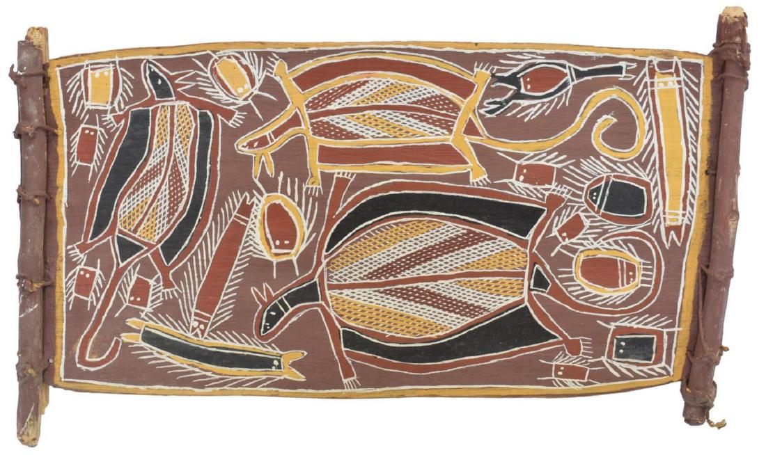 RAY MUNYAL (1935-1995) ABORIGINAL BARK ART: Aboriginal painting on with integral twigs at each end, natural earth pigments on eucalyptus bark, untitled, artist attribution at verso, Ray Munyal (Maningrada Region, Central Arnhem Land, Northern T