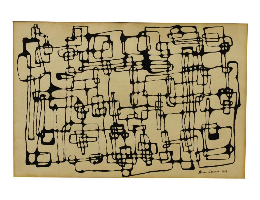 IBRAM LASSAW (D.2003) ABSTRACT SQUARES PAINTING: Framed ink drawing on paper, "Untitled," signed Ibram Lassaw (New York, 1913-2003), and dated 1959 lower right, Holland Goldowsky Gallery label verso, possibly a study for a sculpture, sight: approx 1