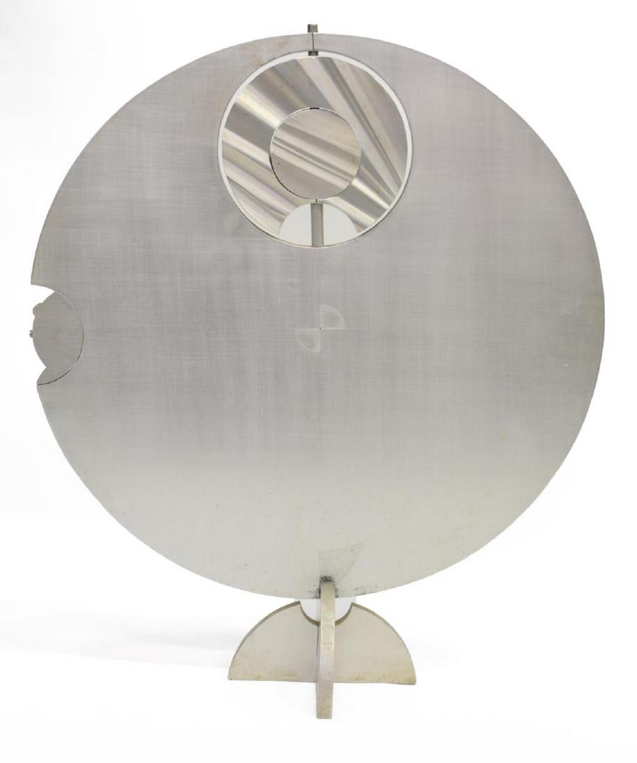 WILLI GUTMANN (1927-2013) MODERN KINETIC SCULPTURE: Modernist aluminum and steel kinetic sculpture, Circles, engraved initials at interior circle W.G. (Willi Gutmann, Switzerland, 1927-2013), stamped initials and dated 1969 along top edge, approx 21.25