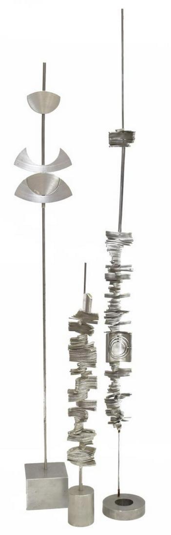 (3) WILLI GUTMANN (1927-2013) KINETIC SCULPTURES: (lot of 3) Modernist aluminum and steel kinetic sculptures, (two) with stamped initials W.G. (Willi Gutmann, Switzerland, 1927-2013), tallest: approx 31.75"h; 3.75lbs total Start Price: $80.00