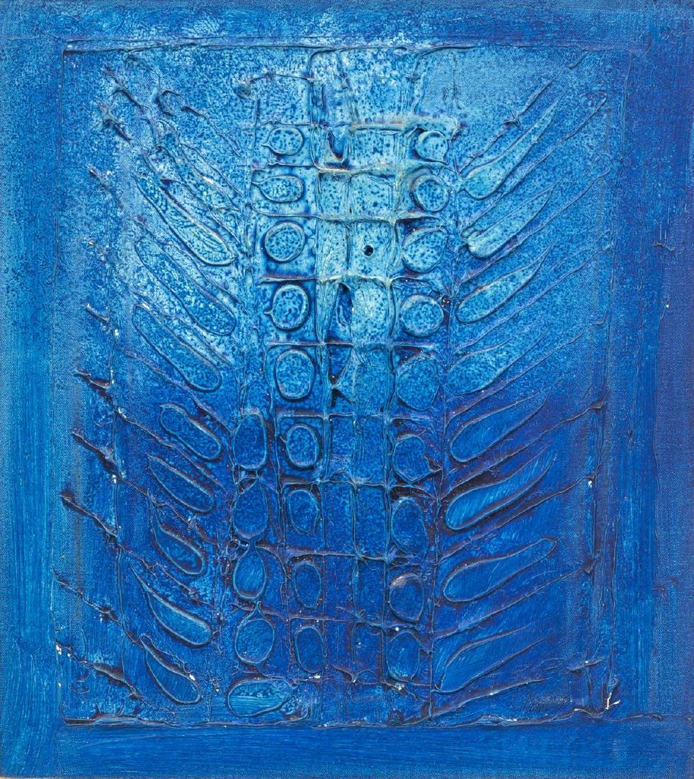 PAUL MAXWELL (1925-2015) MID-CENTURY PAINTING: Framed mixed media painting on canvas, Composition in Blue, signed P. Maxwell (Paul E. Maxwell, Texas, California, 1925-2015), and dated 1965 lower right, sight: approx 17.5"h, 15.5"w, overall: approx