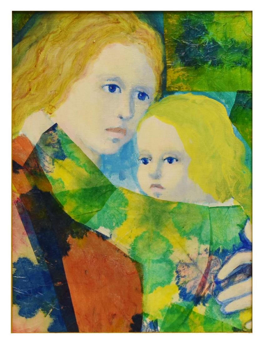 ALIENE TAYLOR BEATY MOTHER & CHILD PAINTING, 1969: Framed mixed media painting on canvas, Mother and Child, signed lower left Aliene (Aliene Taylor Beaty, 20th c.), additionally signed and dated March 1969 at back stretcher, sight: approx 15.5"h, 11.5