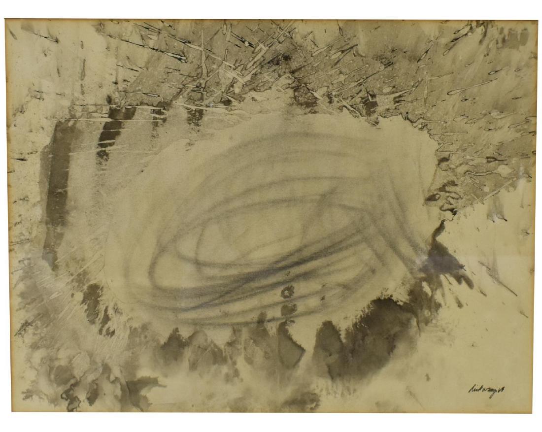 DICK WRAY (D.2011) ABSTRACT MIXED MEDIA PAINTING: Framed mixed media painting on paper, Grisaille Abstract Composition, signed Dick Wray (Germany, Texas, 1933-2011), and dated 1968 lower right, sight: approx 17.5"h, 23.5"w, overall: approx 23"h, 28.5