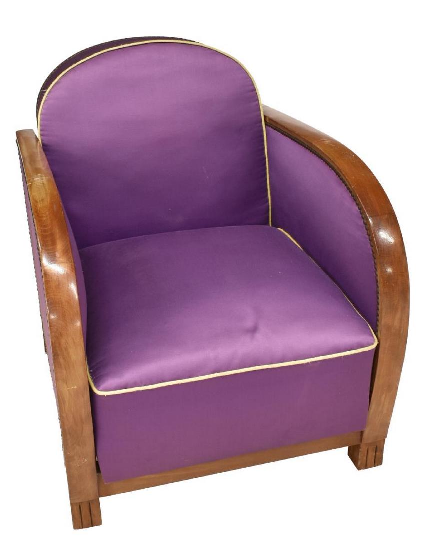 FRENCH ART DECO RECLINING CLUB ARMCHAIR: French Art Deco club chair, c. 1930s, having streamlined frame, purple satin upholstery with contrasting piping, reclines, approx 29.5"h, 25.5"w, 29"d Start Price: $150.00