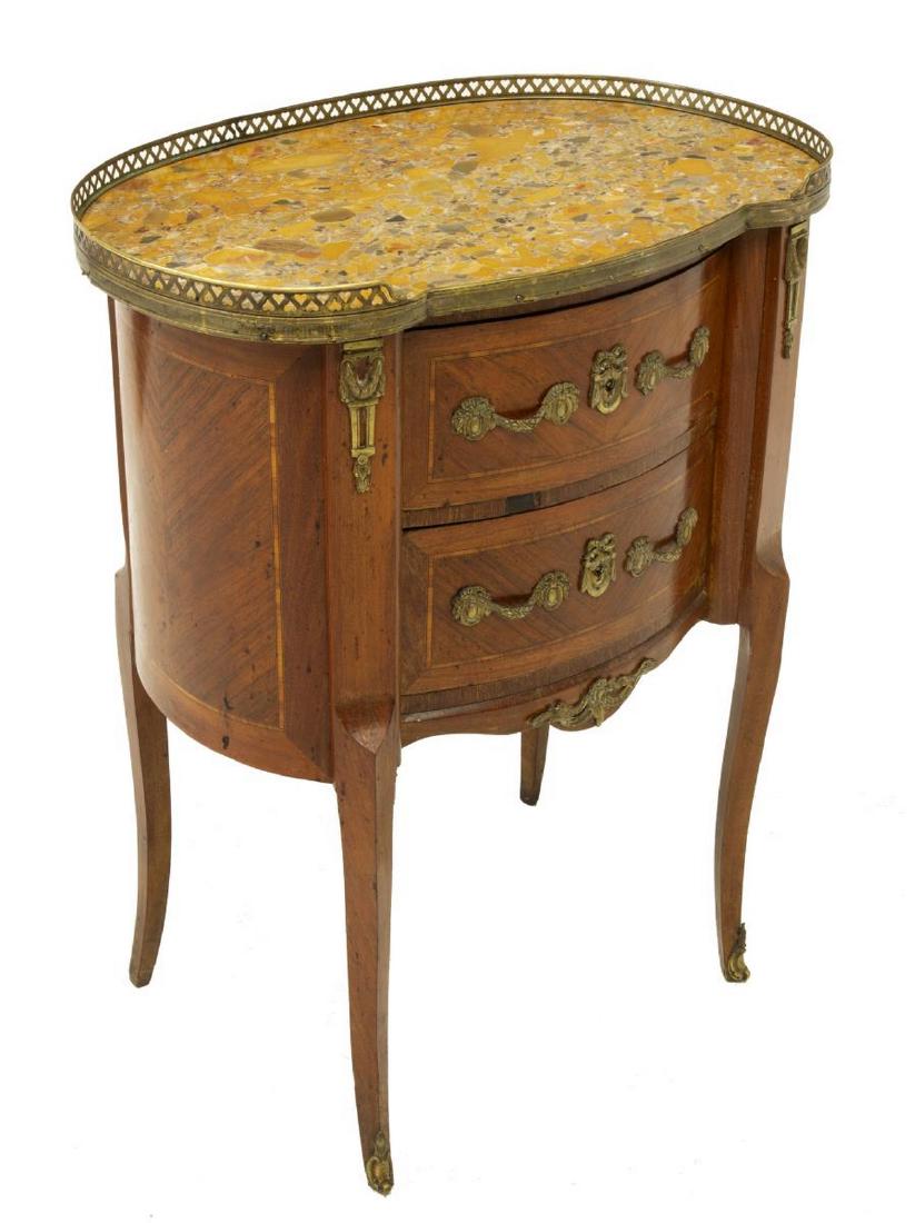 FRENCH LOUIS XV STYLE MARBLE-TOP NIGHTSTAND: French Louis XV style nightstand, early 20th c., pierced gilt metal gallery, inset marble top, over kidney-form case in matched mahogany veneers, fitted with two drawers, gilt metal mounts at corner p