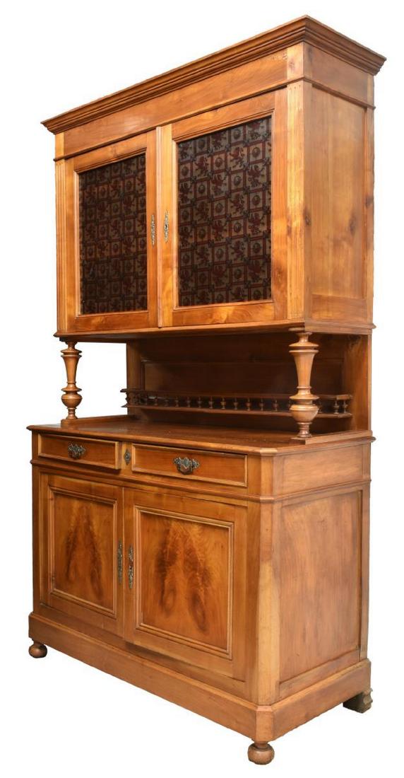 FRENCH STAINED GLASS BUFFET DEUX CORPS: French buffet a deux corps, 19th c., having double-door cabinet with stained glass windows depicting heraldic lions and griffins in rampant position, interior fitted with two shelves, supported by tur