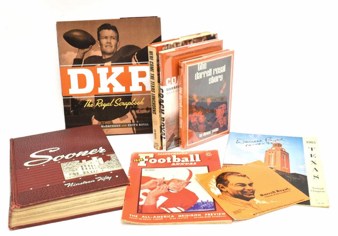 (8) BOOKS, RECORDING, DARRELL ROYAL, TEXAS COACH: (lot of 8) Books and a recording relating to Darrell Royal (1924-2012), coach of the University of Texas Longhorns football, including: (1) 1949 Football Annual magazine, Royal pictured at page 49; (1