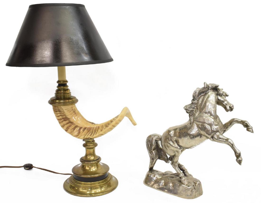 (2) SILVER TONE HORSE & CHAPMAN FAUX HORN LAMP: (lot of 2) Cabinet and table item group, including: (1) figure of a bucking horse standing on a rock, likely executed in pewter, and (1) Chapman dual socket table lamp, circa 1975, the black paper sha