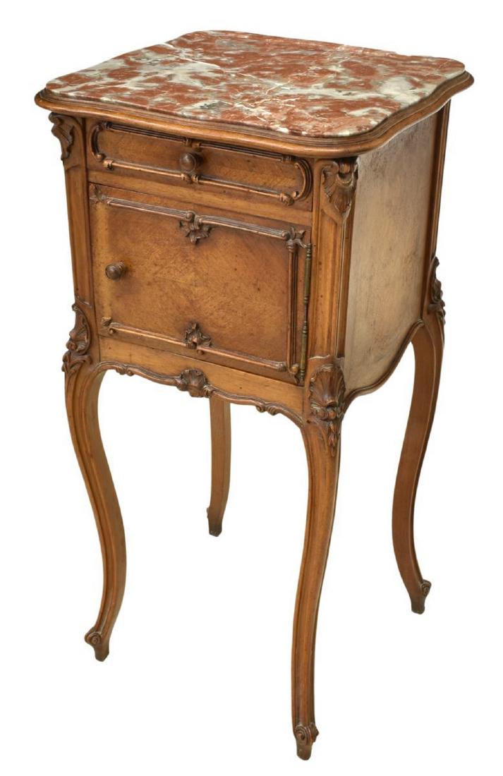 FRENCH LOUIS XV STYLE MARBLE-TOP WALNUT NIGHTSTAND: French Louis XV style walnut nightstand, late 19th/ early 20th c., having inset marble top, case fitted with single drawer over cabinet with marble-lined interior, rising on cabriole legs, ending in w