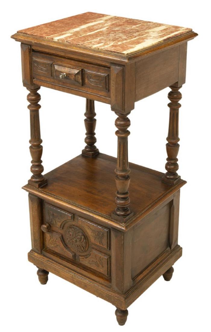 FRENCH HENRI II STYLE MARBLE-TOP WALNUT NIGHTSTAND: French Henri II style marble-top walnut nightstand, 19th c., having marble top resting atop single drawer, above single shelf, lower single door cabinet fitted with contrasting marble floor, turned an